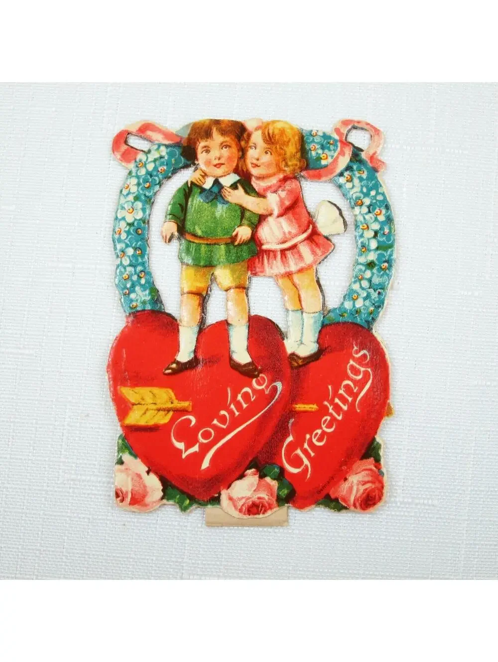 Vintage Valentine Die Cut Stand Up Victorian Girl Boy Flowers 1920-30s UNSIGNED